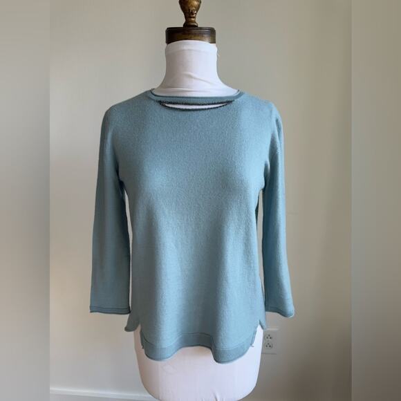 DOROTHEE SCHUMACHER POWDER BLUE WOOL SWEATER 3/4 HARDWARE CUTOUT MEDIUM - Picture 2 of 9